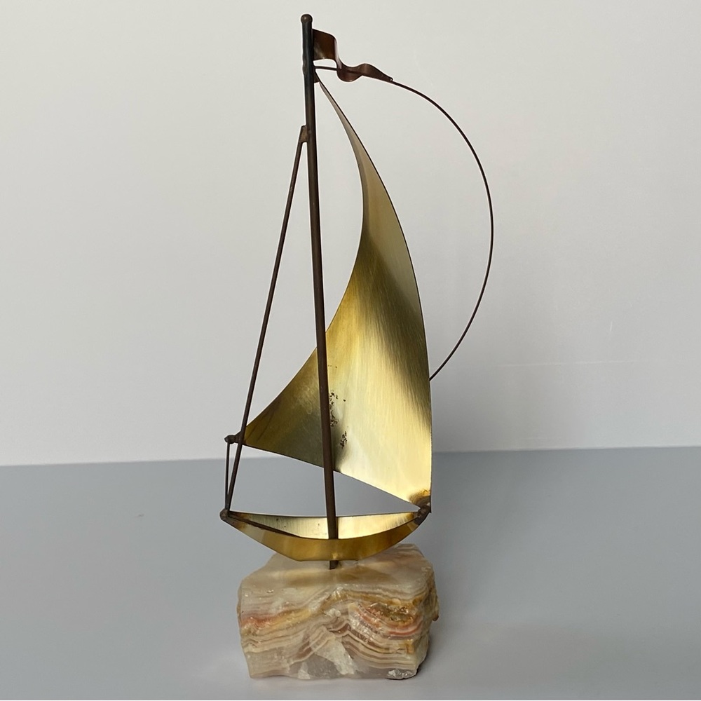 John DeMott Signed Metal Brass Sailboat Sculpture On Stone Base Decor Art Beach